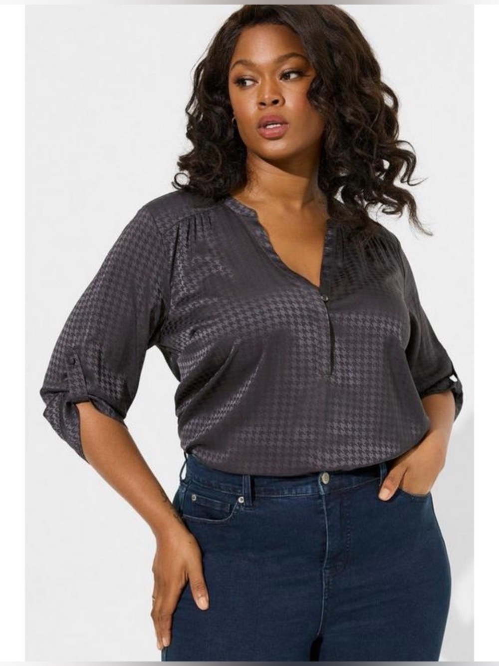 Torrid Harper Satin Jacquard Pullover 3/4 Sleeve Periscope Gray